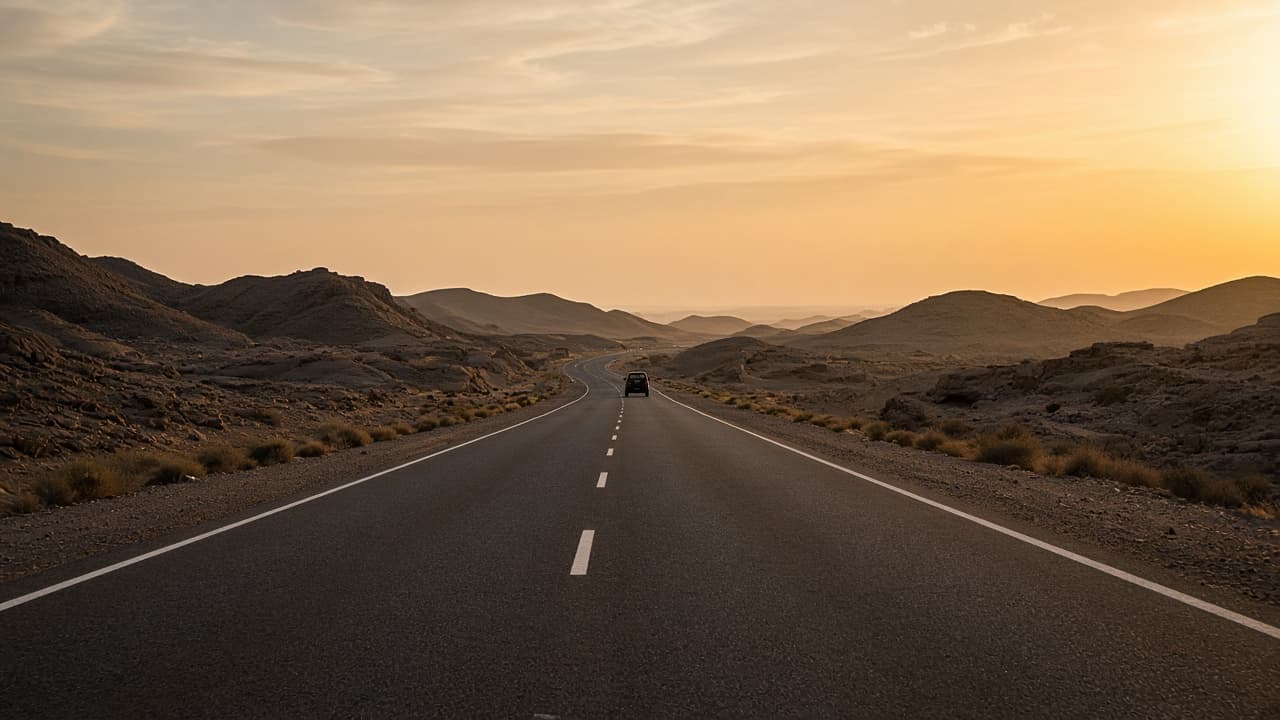 طريق سريع نحو المدن المقدسة في ساعة الغروب.