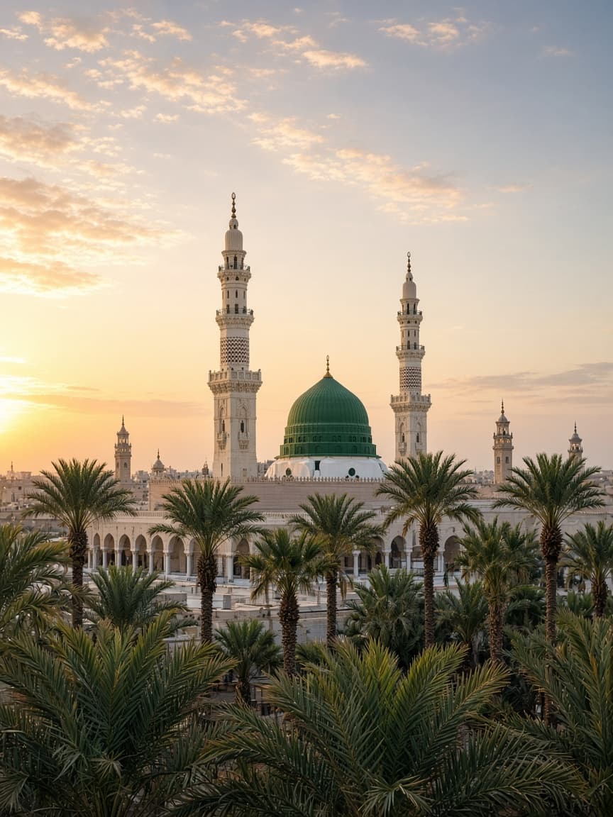 المدينة المنورة وقت الغروب مع النخيل والمسجد النبوي.
