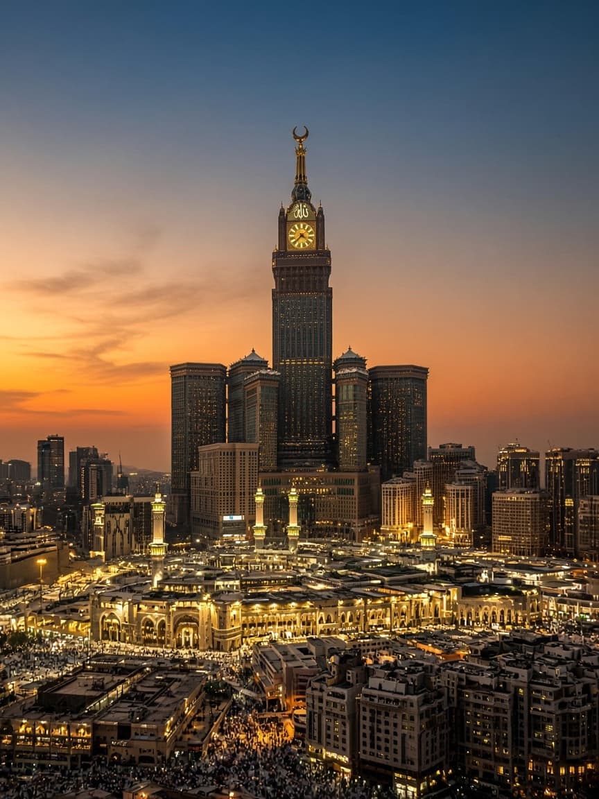 أفق مكة المكرمة مع برج الساعة عند الغروب.