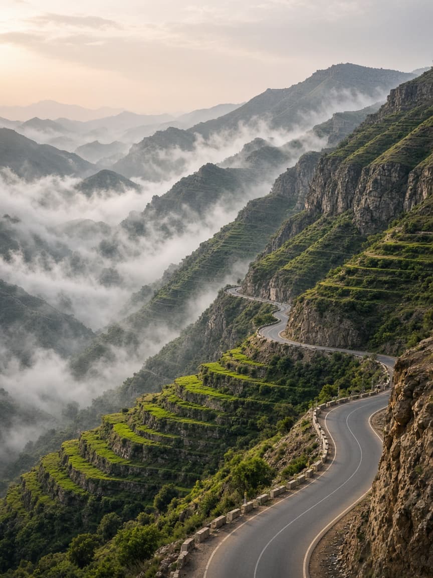 طريق جبلي يلتف فوق الطائف في ضوء الصباح.