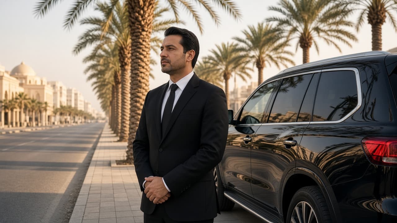 سائق خاص مع سيارة في شارع بالمدينة ليوم كامل.