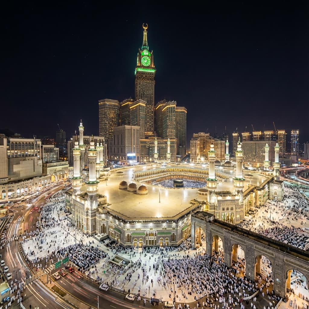 Makkah Clock Tower and Haram at night