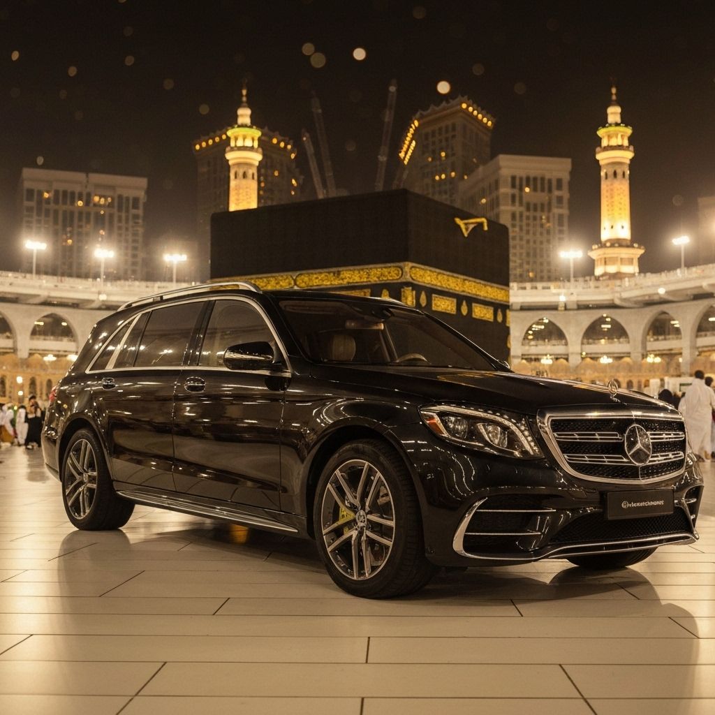 Luxury black SUV parked in front of the illuminated Kaaba at night, showcasing premium Umrah transportation services